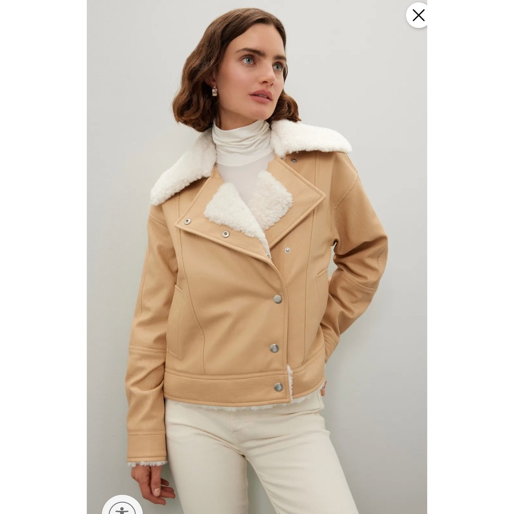 Derek Lam Oversized Faux Shearling Jacket Tan Sherpa Trim Collared Women Sz S